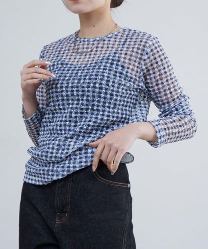 蕾絲格紋印花 上衣