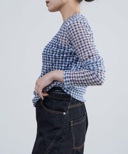 蕾絲格紋印花 上衣