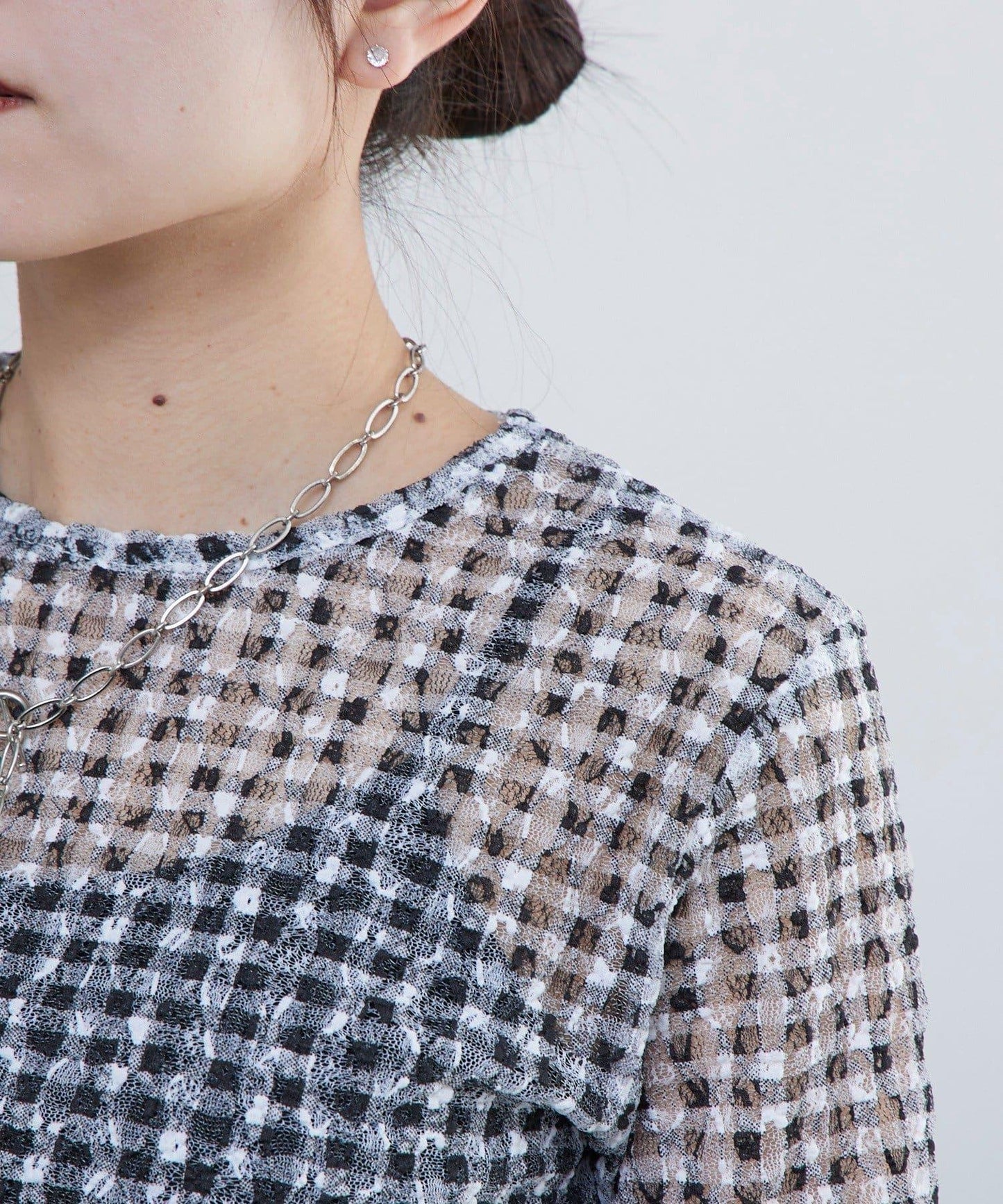 蕾絲格紋印花 上衣