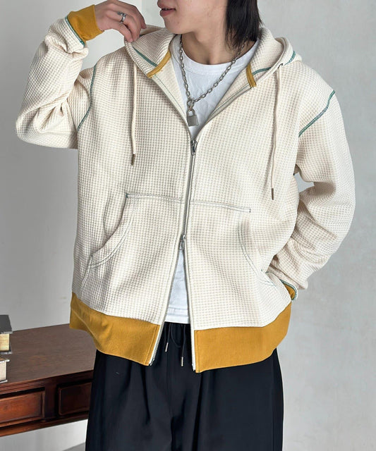 華夫格羅紋拼色拉鍊連帽衛衣