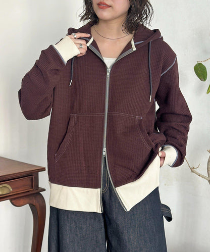 華夫格羅紋拼色拉鍊連帽衛衣