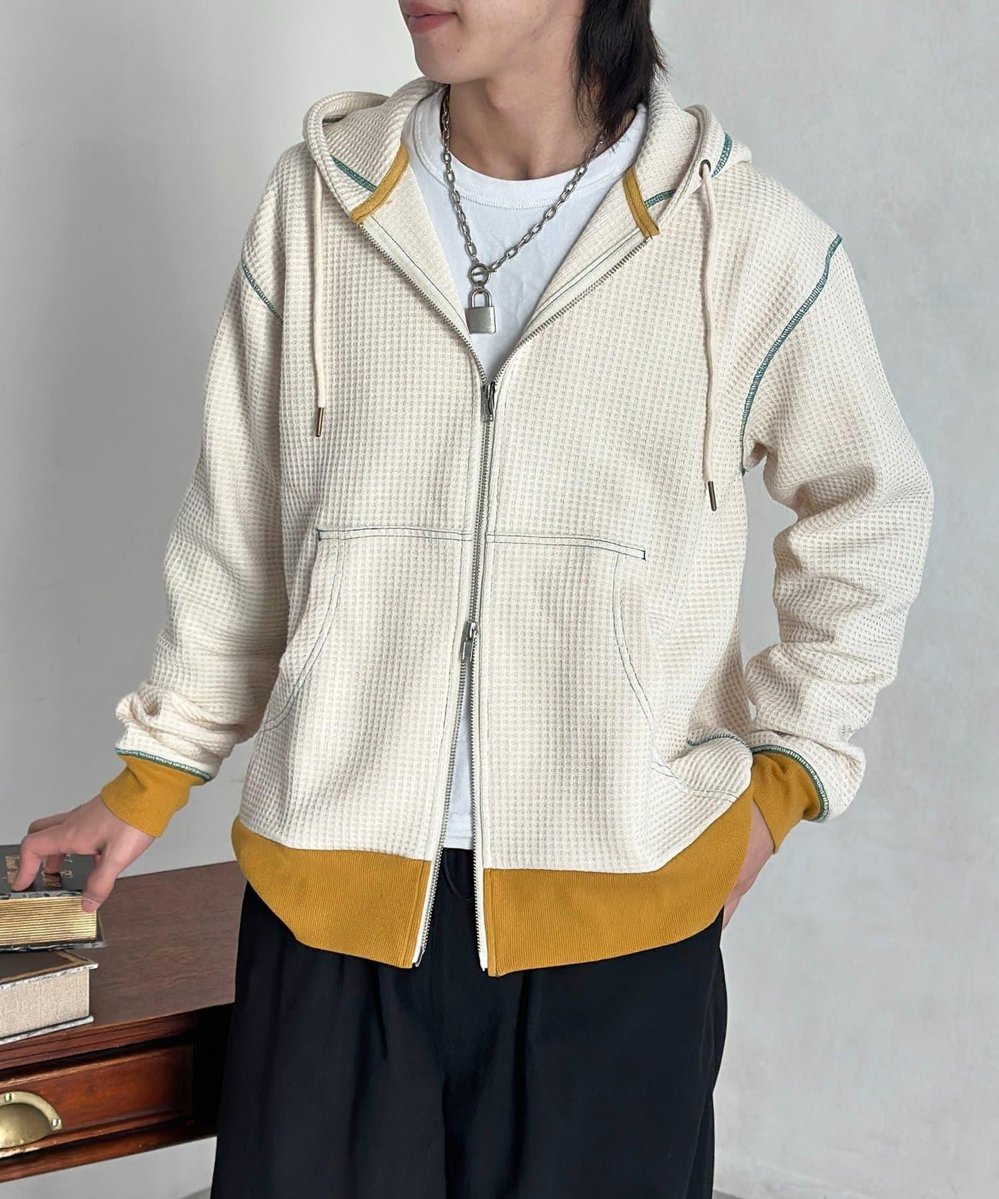 華夫格羅紋拼色拉鍊連帽衛衣