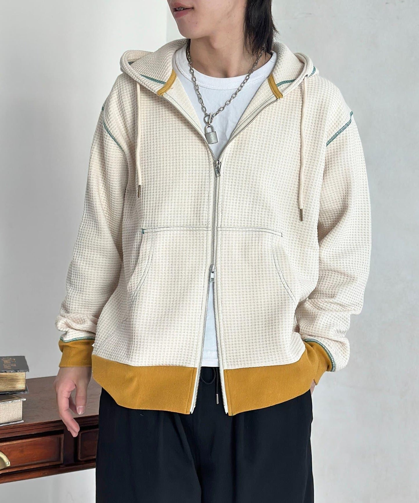 華夫格羅紋拼色拉鍊連帽衛衣