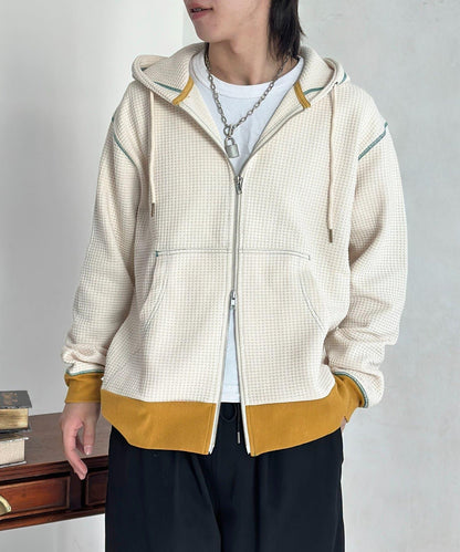 華夫格羅紋拼色拉鍊連帽衛衣