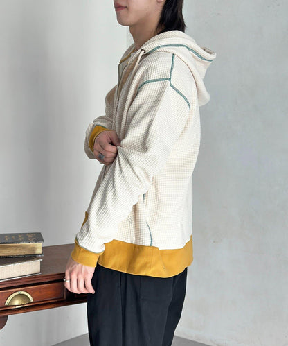 華夫格羅紋拼色拉鍊連帽衛衣