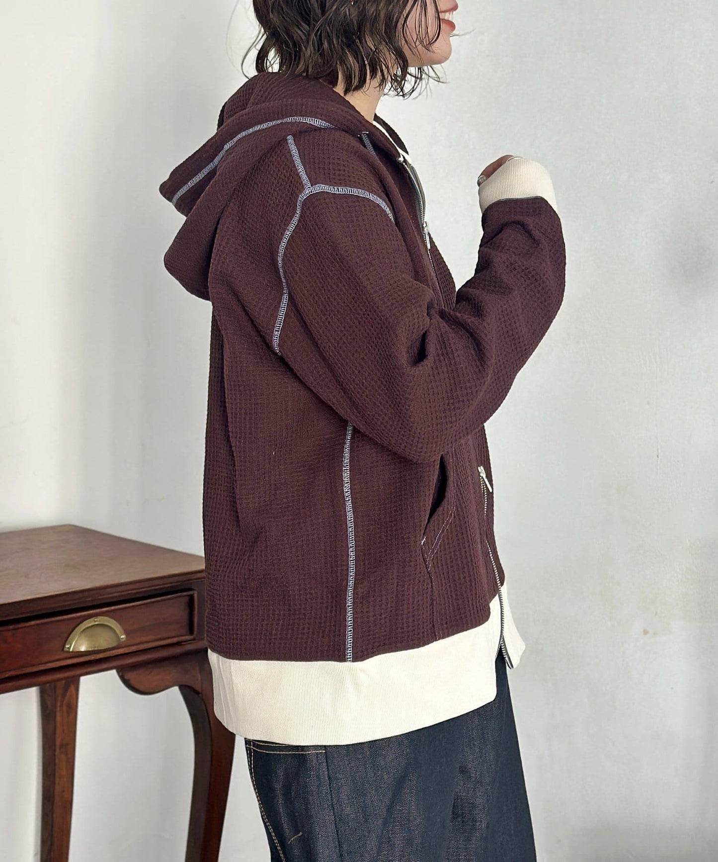 華夫格羅紋拼色拉鍊連帽衛衣