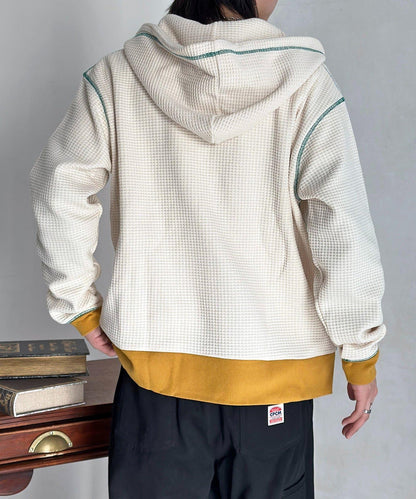 華夫格羅紋拼色拉鍊連帽衛衣