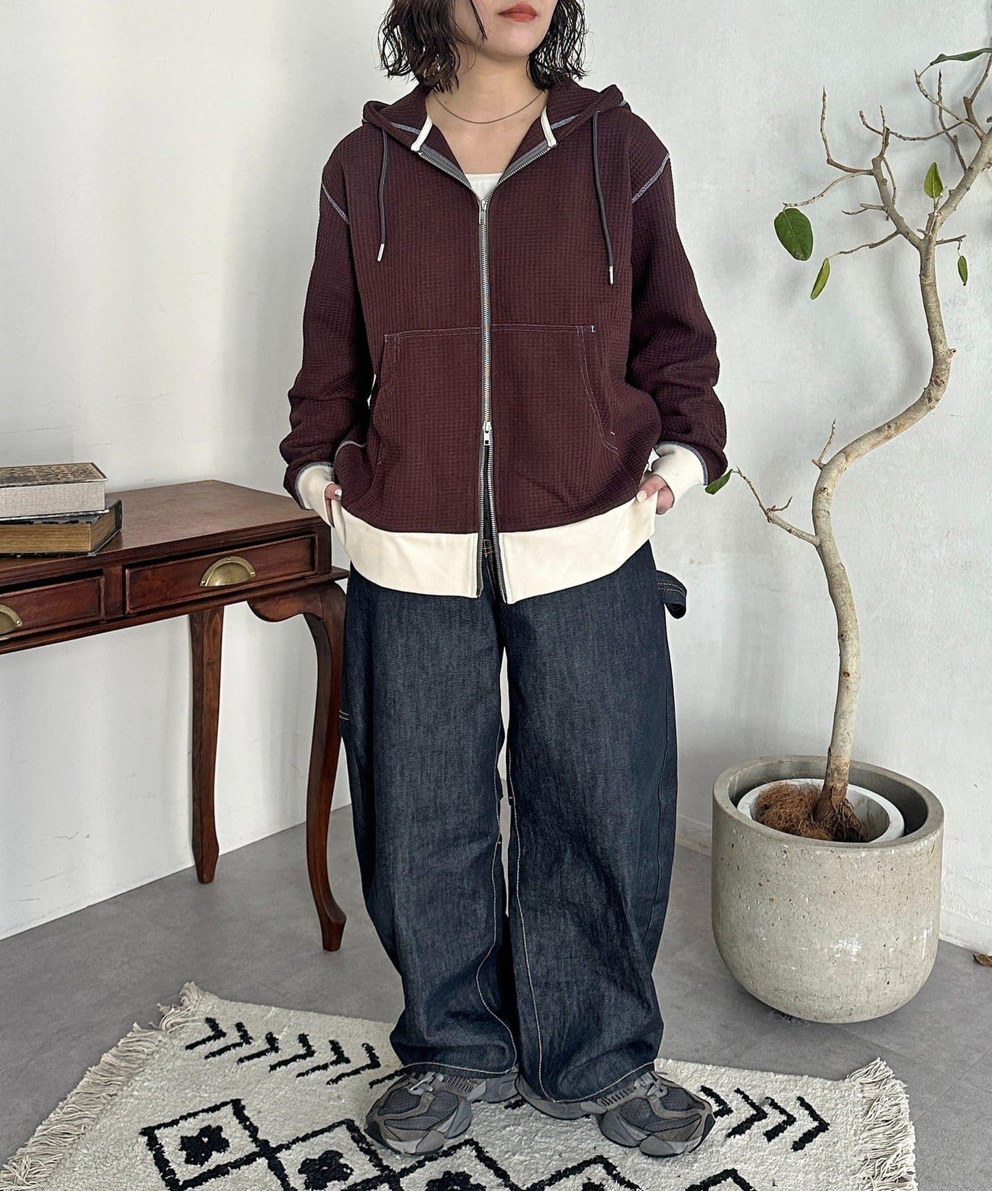 華夫格羅紋拼色拉鍊連帽衛衣