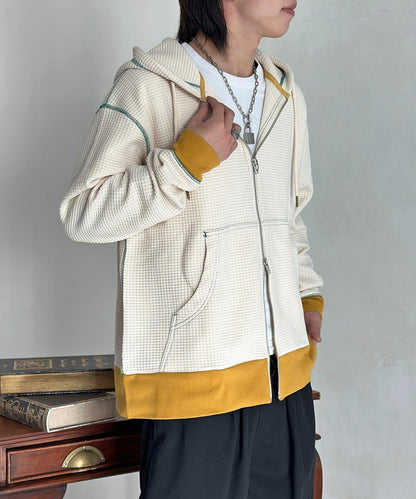 華夫格羅紋拼色拉鍊連帽衛衣