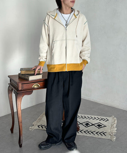 華夫格羅紋拼色拉鍊連帽衛衣