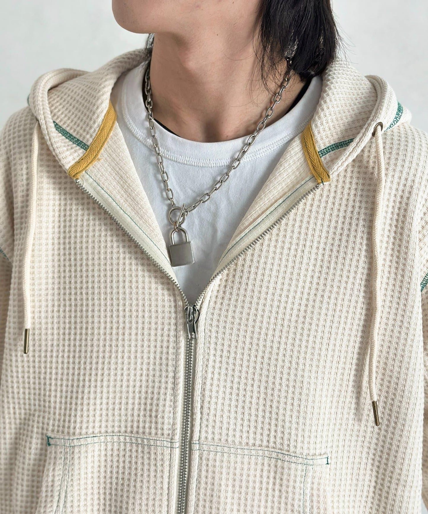 華夫格羅紋拼色拉鍊連帽衛衣