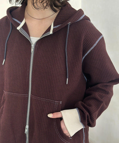 華夫格羅紋拼色拉鍊連帽衛衣