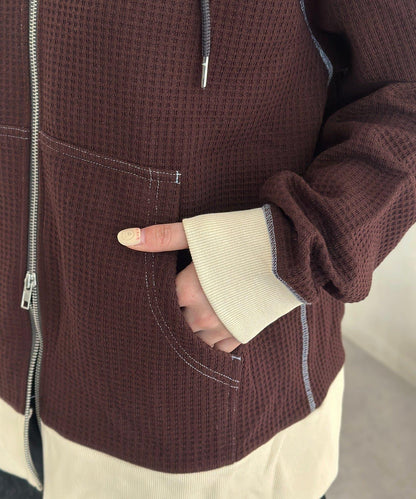 華夫格羅紋拼色拉鍊連帽衛衣