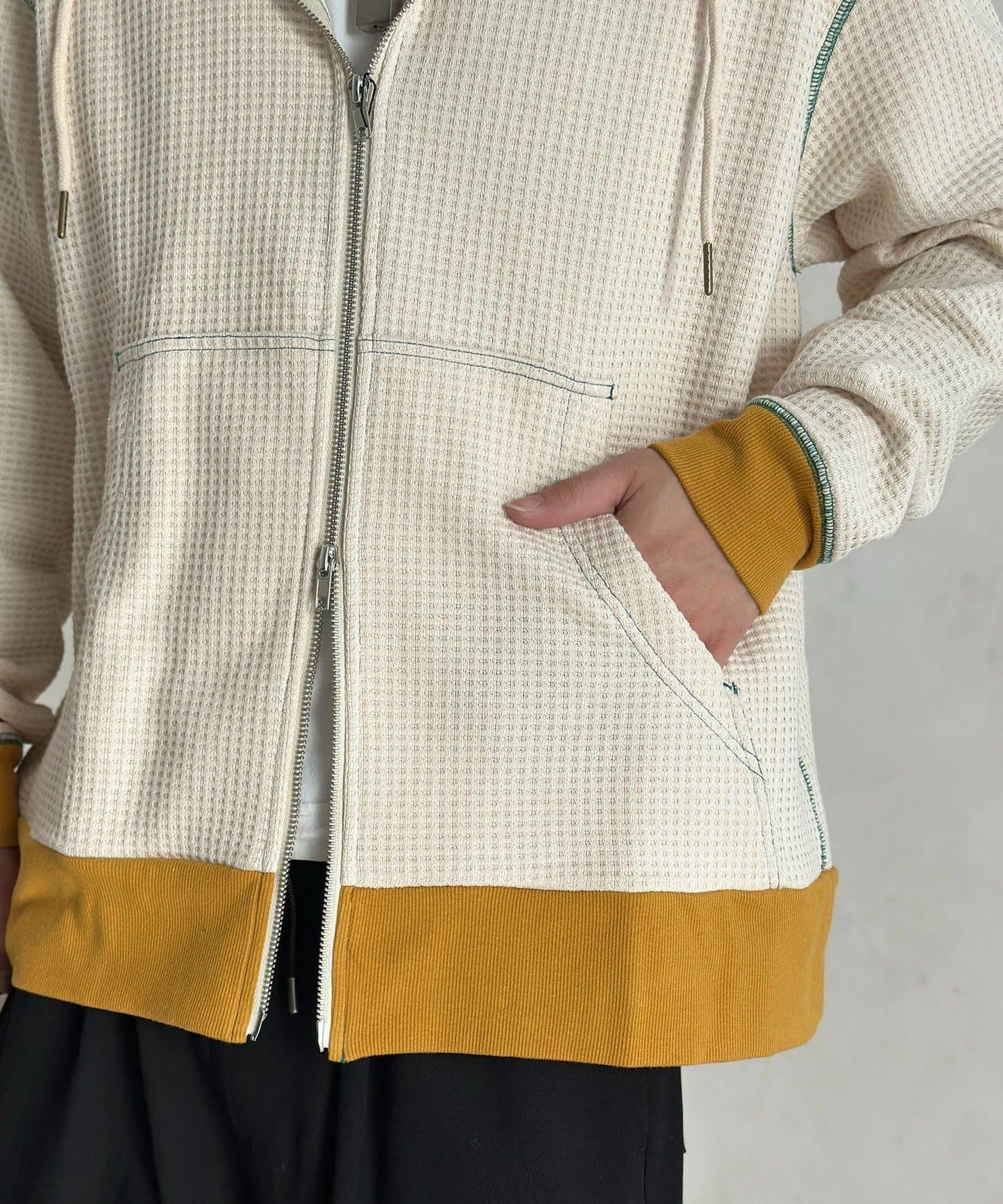 華夫格羅紋拼色拉鍊連帽衛衣