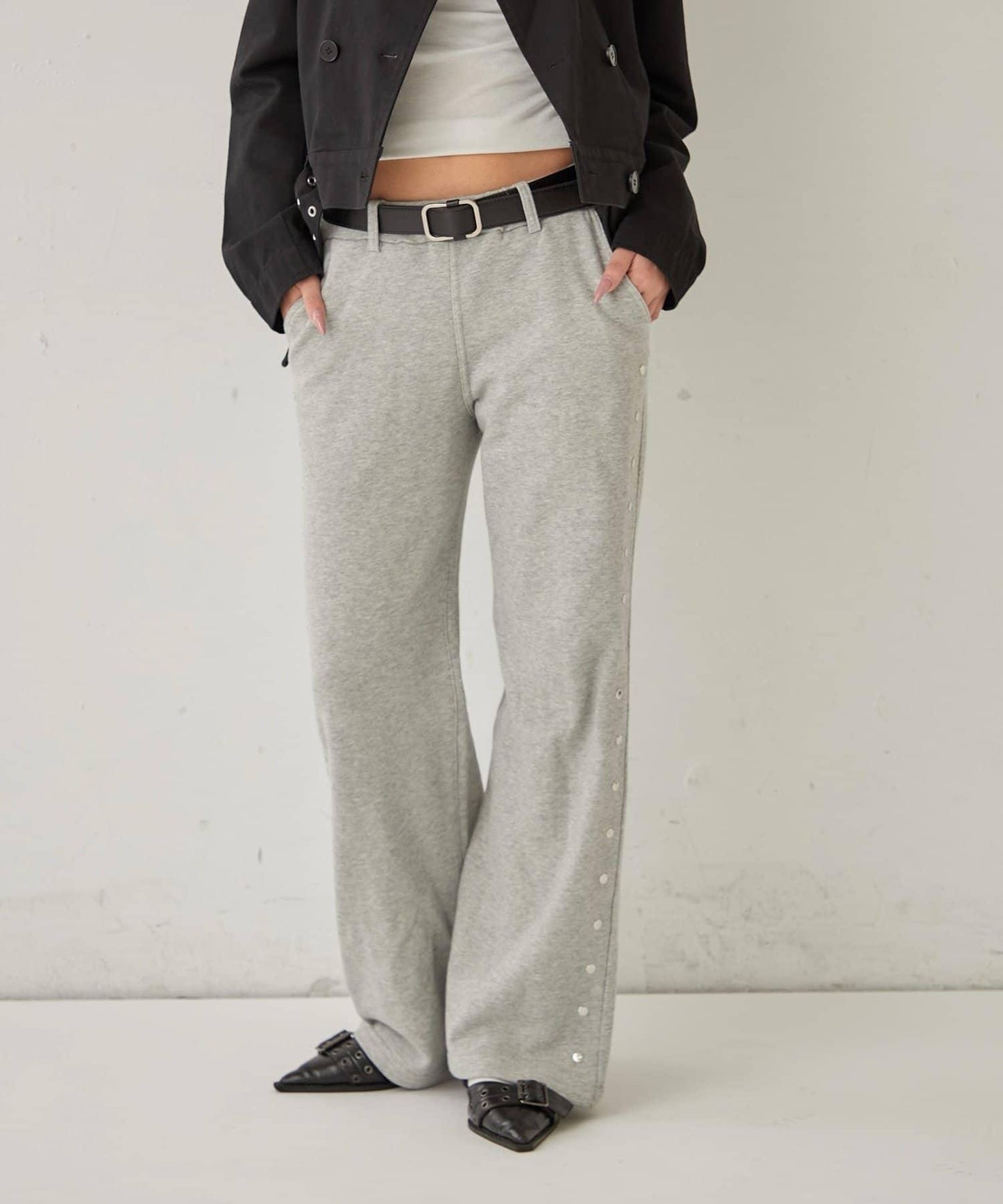 衛衣面料 中長微喇 鉚釘 褲子