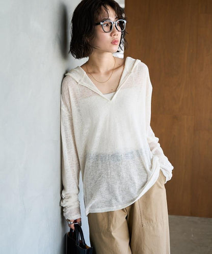 透膚華夫格 連帽 長袖T恤