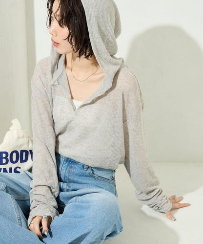 透膚華夫格 連帽 長袖T恤