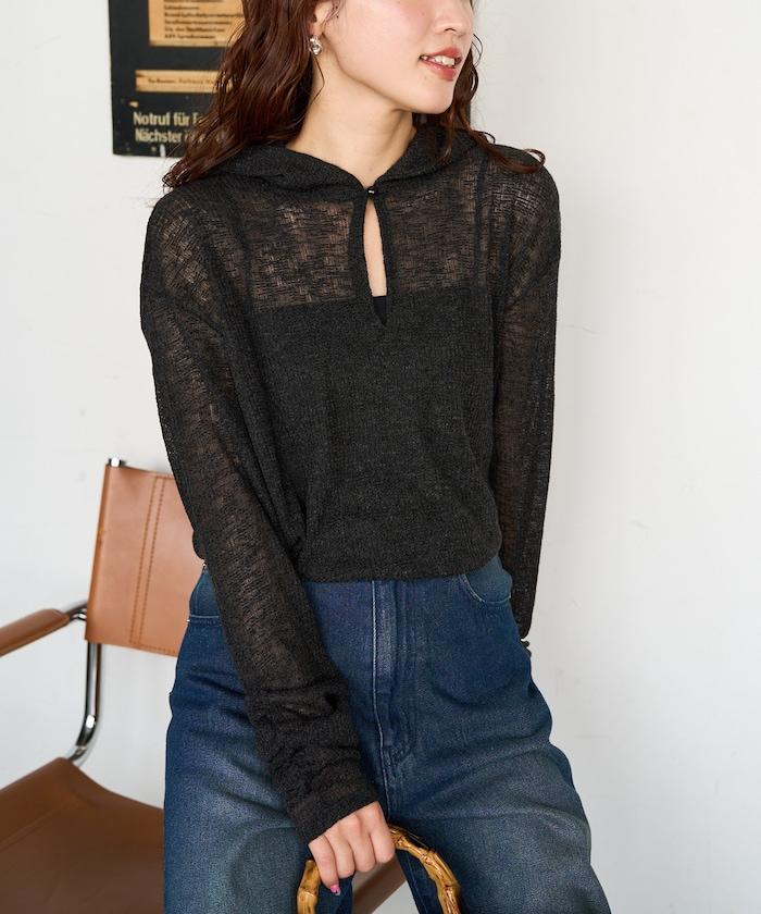 透膚華夫格 連帽 長袖T恤