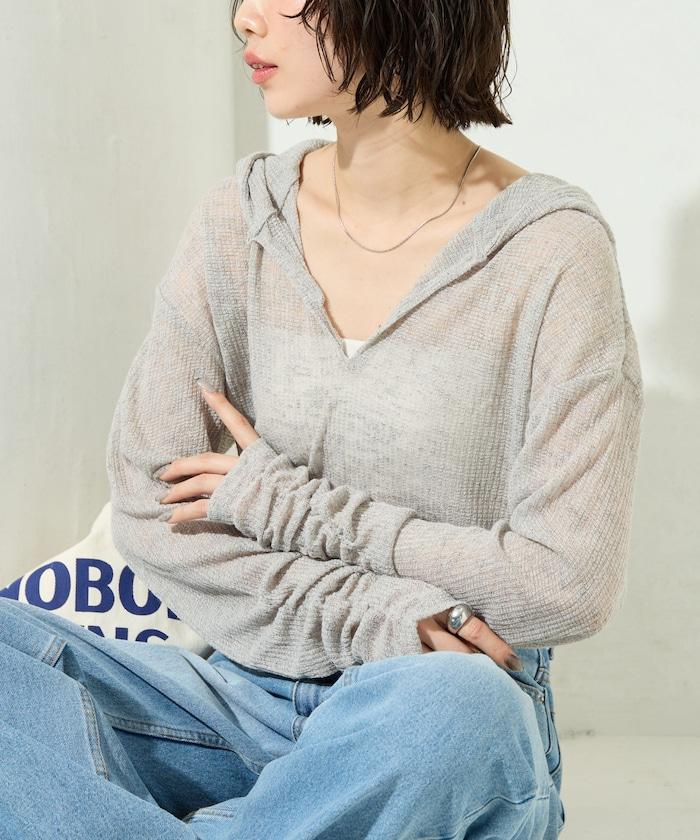 透膚華夫格 連帽 長袖T恤