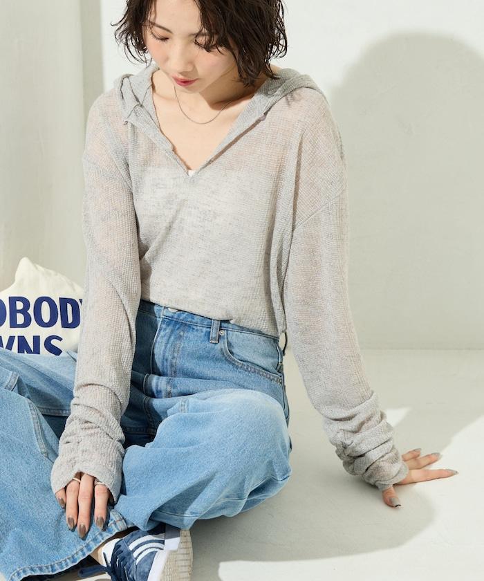 透膚華夫格 連帽 長袖T恤