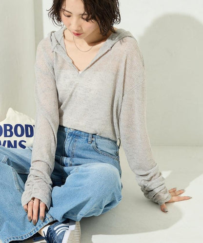 透膚華夫格 連帽 長袖T恤