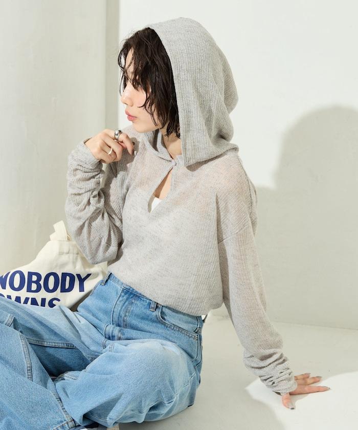 透膚華夫格 連帽 長袖T恤