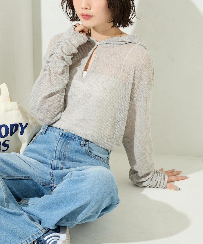 透膚華夫格 連帽 長袖T恤