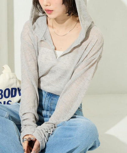 透膚華夫格 連帽 長袖T恤