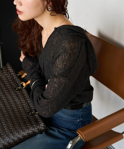 透膚華夫格 連帽 長袖T恤