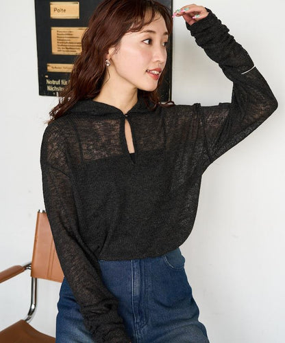 透膚華夫格 連帽 長袖T恤