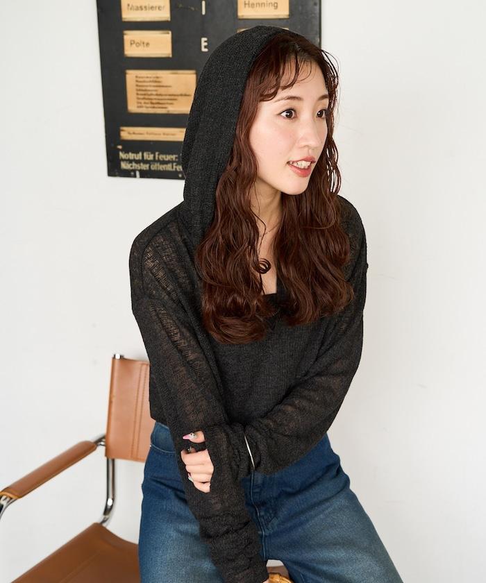 透膚華夫格 連帽 長袖T恤