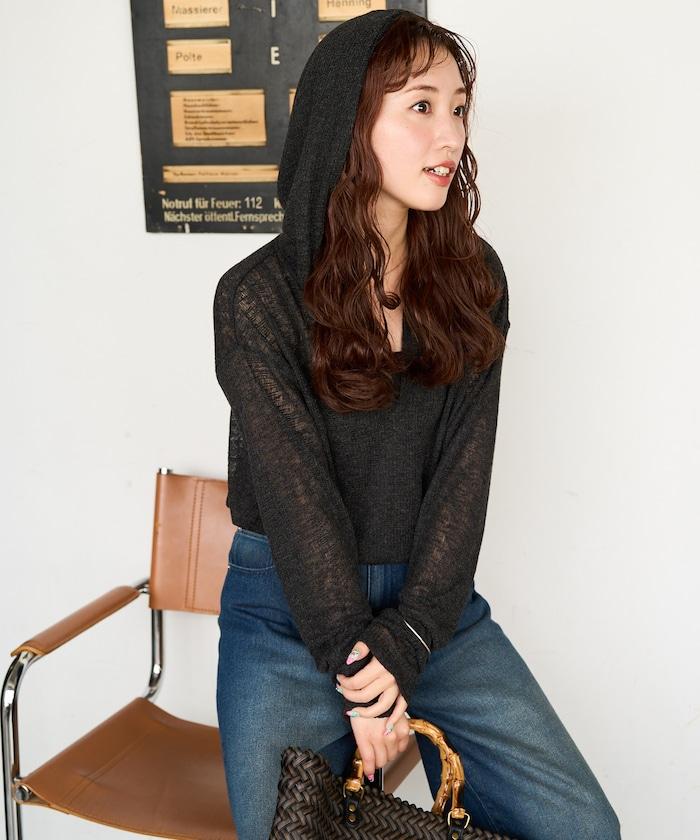 透膚華夫格 連帽 長袖T恤