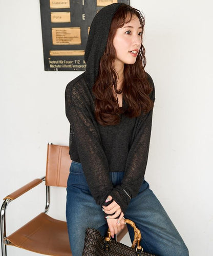 透膚華夫格 連帽 長袖T恤