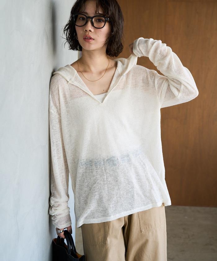 透膚華夫格 連帽 長袖T恤