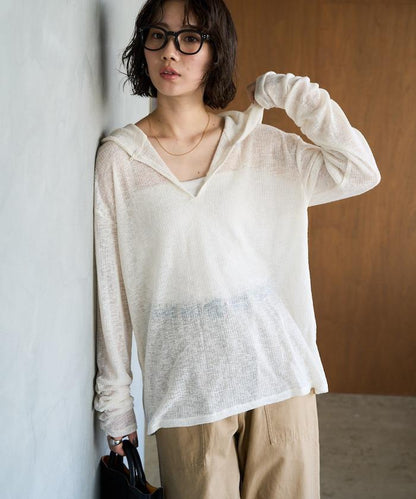 透膚華夫格 連帽 長袖T恤