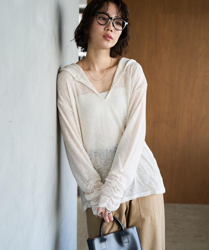 透膚華夫格 連帽 長袖T恤