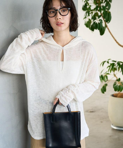 透膚華夫格 連帽 長袖T恤