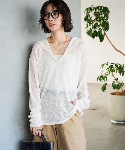 透膚華夫格 連帽 長袖T恤