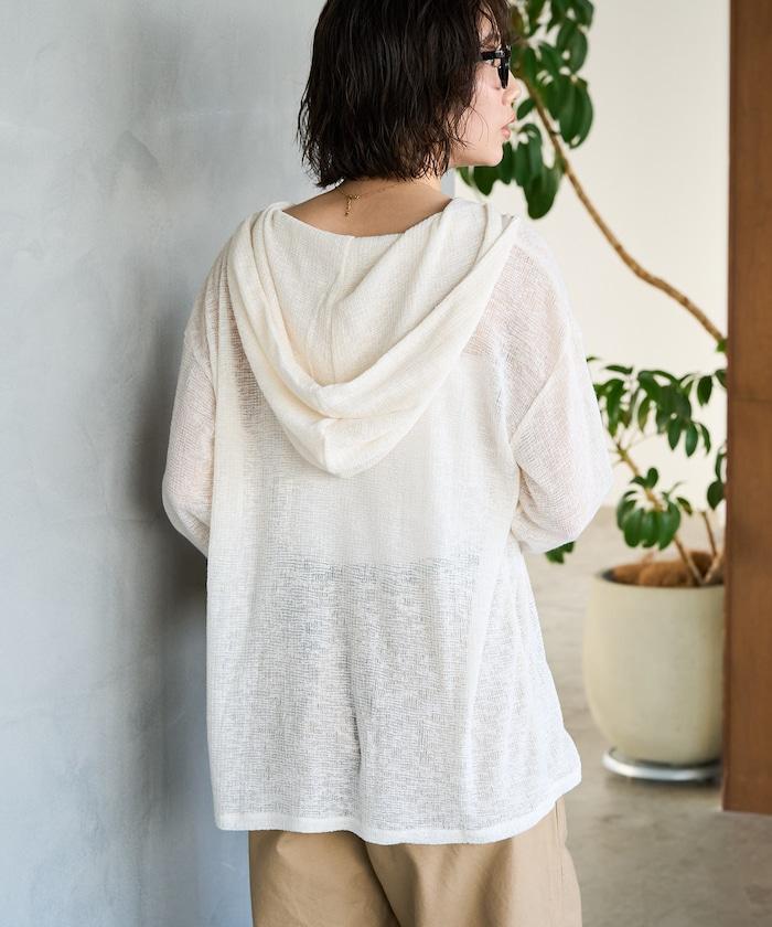 透膚華夫格 連帽 長袖T恤