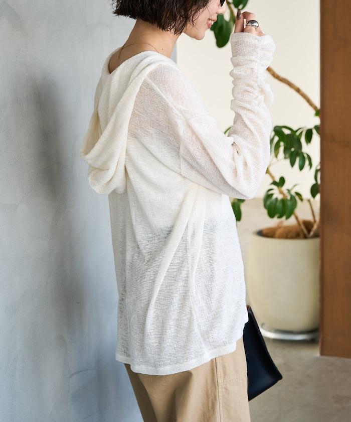 透膚華夫格 連帽 長袖T恤