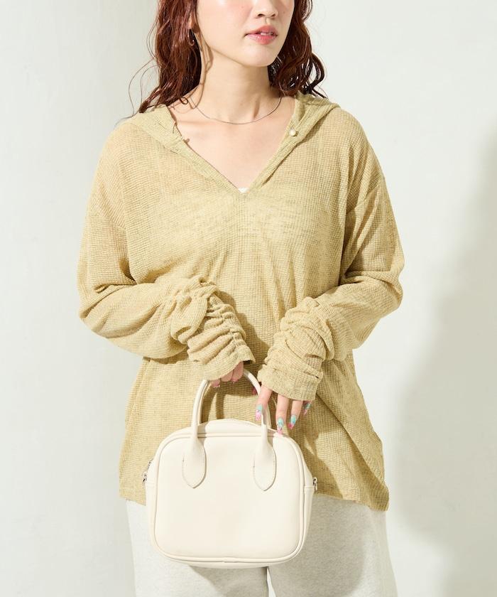 透膚華夫格 連帽 長袖T恤