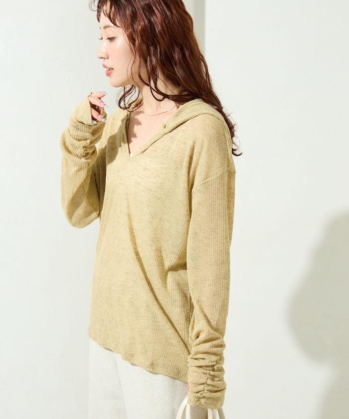 透膚華夫格 連帽 長袖T恤