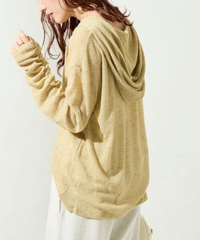 透膚華夫格 連帽 長袖T恤