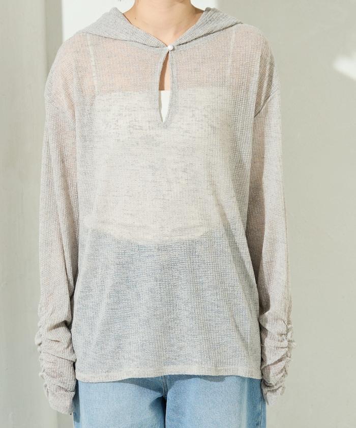 透膚華夫格 連帽 長袖T恤