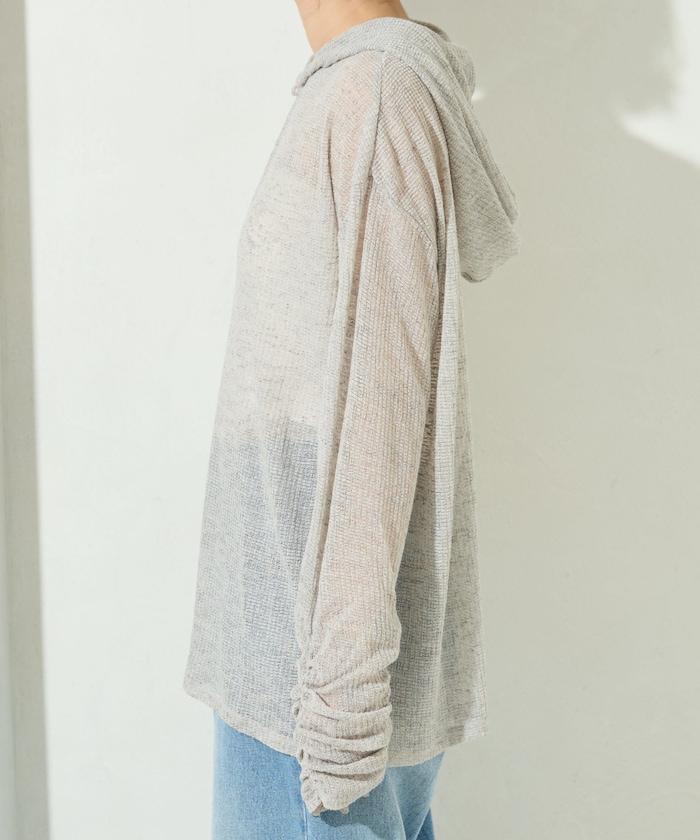 透膚華夫格 連帽 長袖T恤