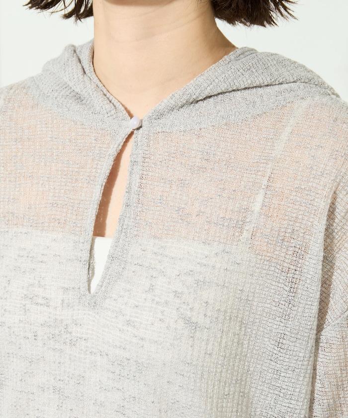 透膚華夫格 連帽 長袖T恤