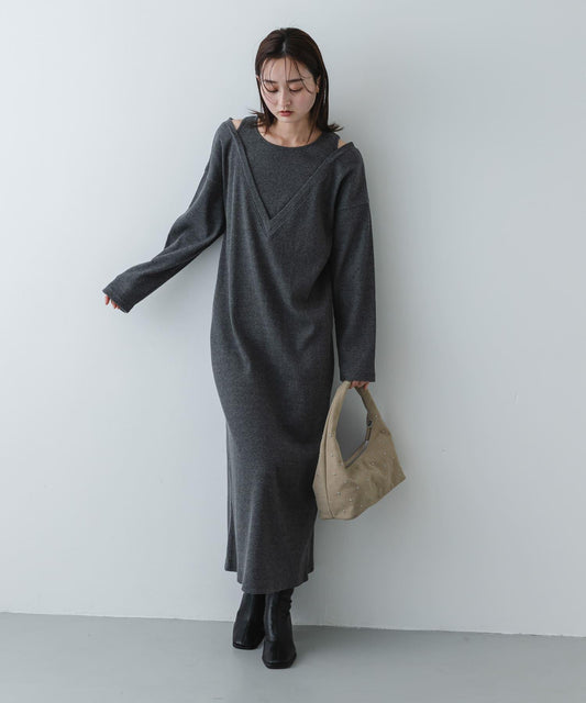 疊領設計 羅紋面料 連衣裙