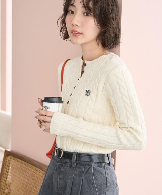 單點刺繡 亨利領 麻花針織 套頭針織衫