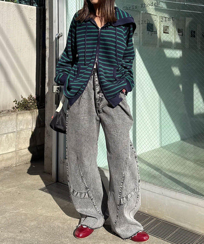 ANTI WARP 拼接弧形闊腿牛仔褲