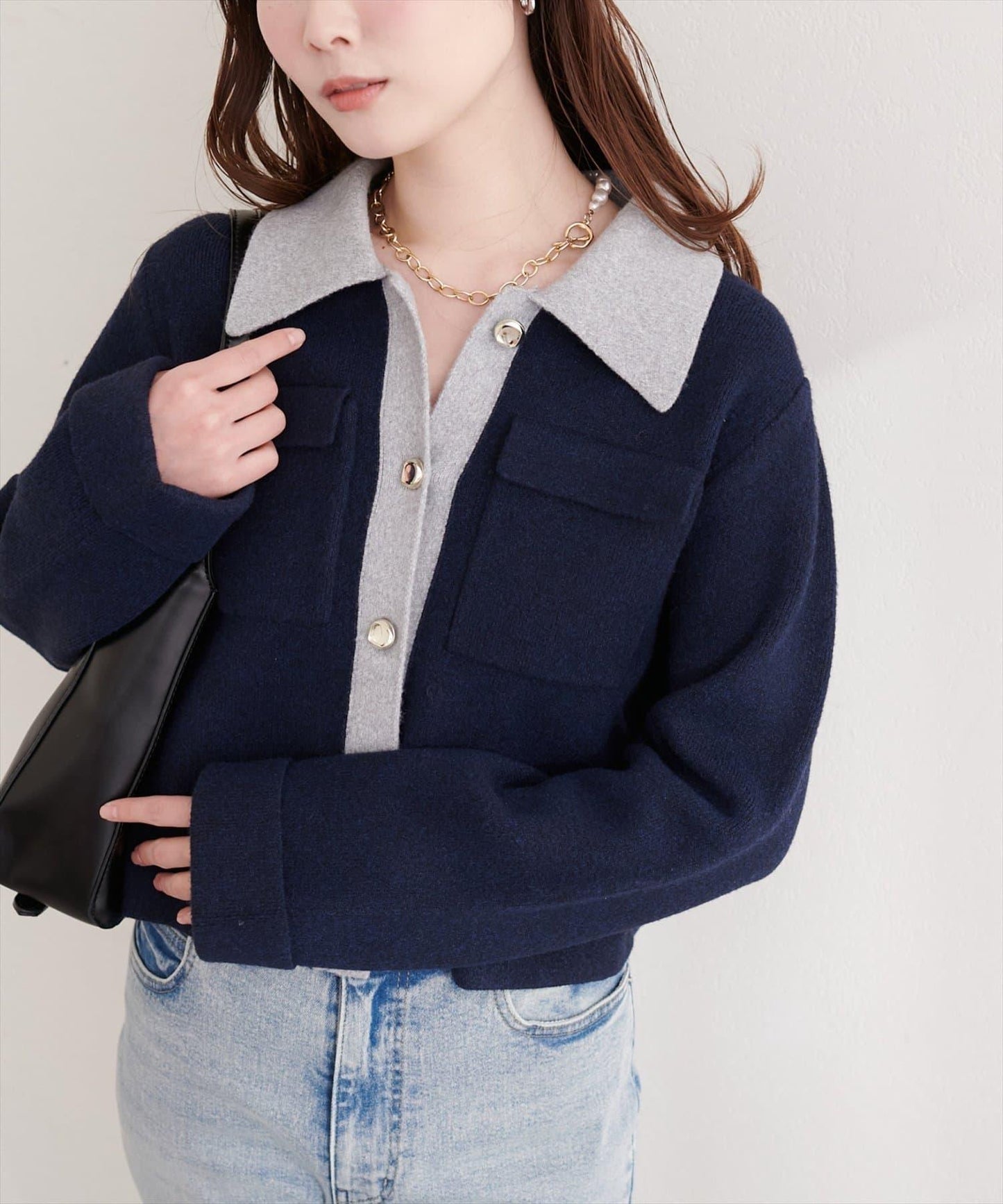 配色領設計 針織開衫